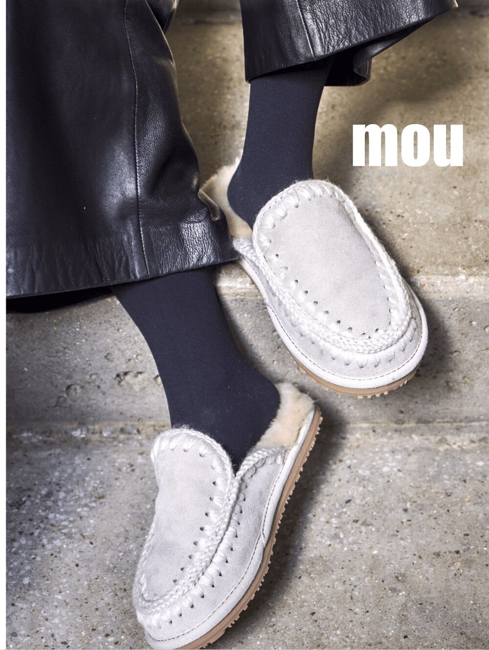 MOU Suede Full Eskimo Stitch Slippers Silver Birch Sheepskin Shearling Mules